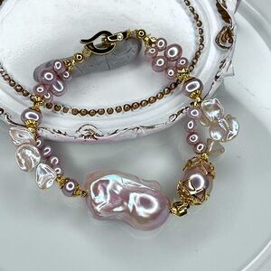 Handmade Premium Sakura Pink Freshwater Flameball Keshi Pearl Braided Bracelet